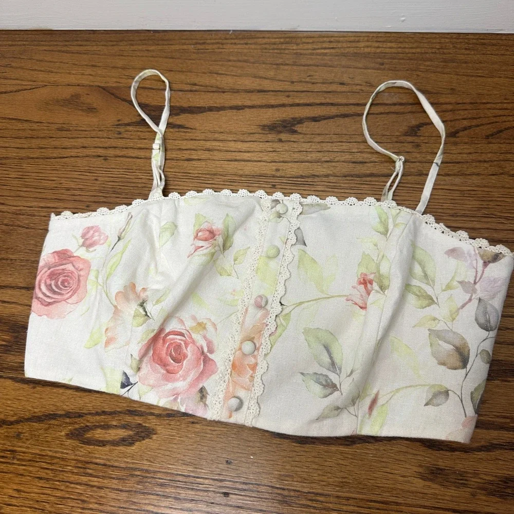 Caroline Constas Floral Linen Blend Crochet Belted Set Crop Top & Shorts Small